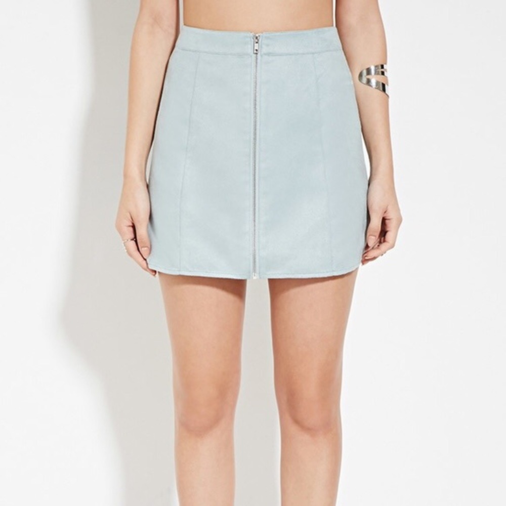 Faux Suede Light Blue Front Zipper Mini Skirt